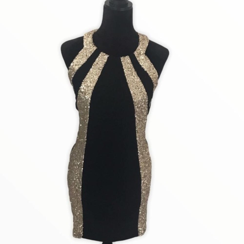 Red Clover Black And Gold Sequin Body Con Dress